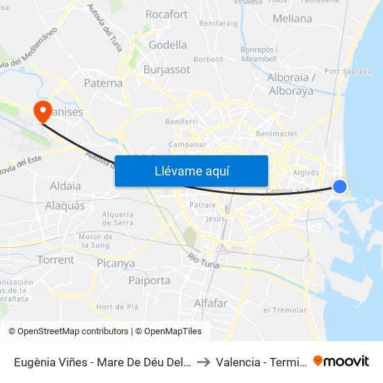 Eugènia Viñes - Mare De Déu Del Sufragi to Valencia - Terminal 2 map