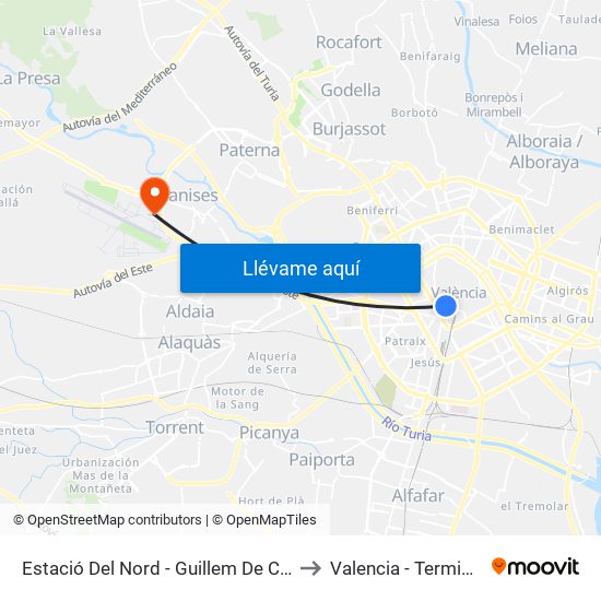 Estació Del Nord - Guillem De Castro to Valencia - Terminal 2 map