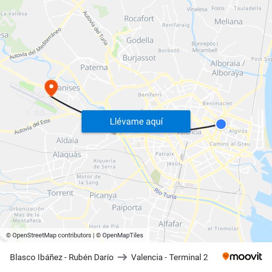 Blasco Ibáñez - Rubén Darío to Valencia - Terminal 2 map