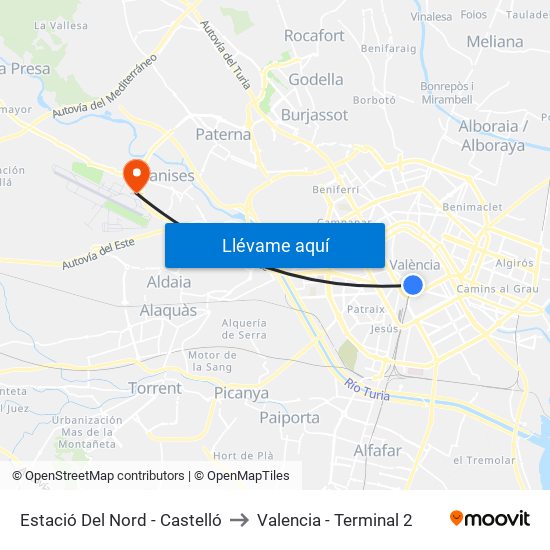 Estació Del Nord - Castelló to Valencia - Terminal 2 map