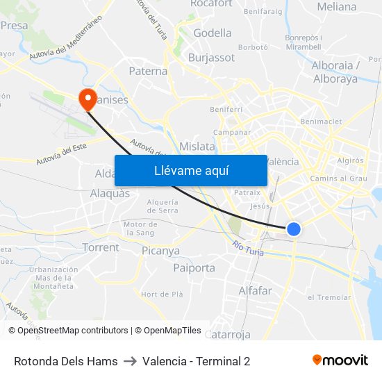 Rotonda Dels Hams to Valencia - Terminal 2 map