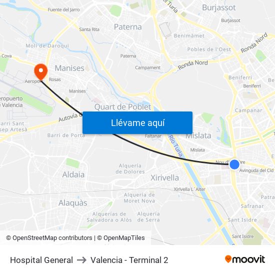 Hospital General to Valencia - Terminal 2 map