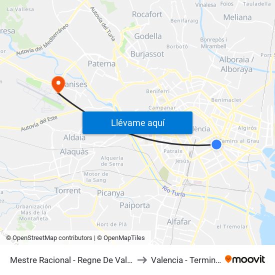 Mestre Racional - Regne De València to Valencia - Terminal 2 map