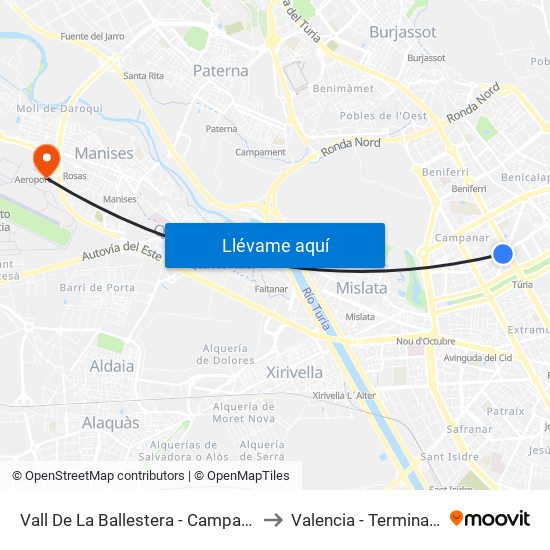 Vall De La Ballestera - Campanar to Valencia - Terminal 2 map