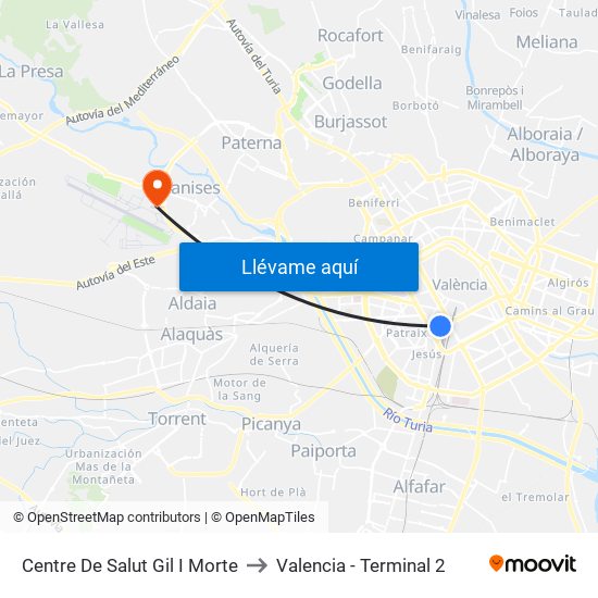 Centre De Salut Gil I Morte to Valencia - Terminal 2 map