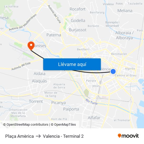 Plaça Amèrica to Valencia - Terminal 2 map