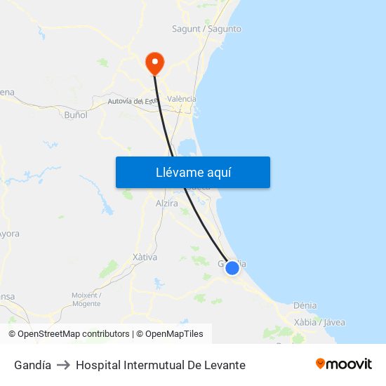 Gandía to Hospital Intermutual De Levante map