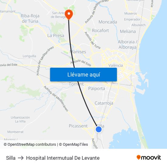 Silla to Hospital Intermutual De Levante map