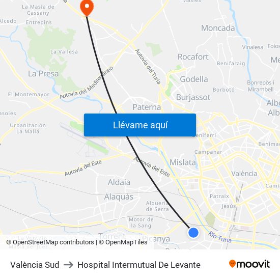 València Sud to Hospital Intermutual De Levante map