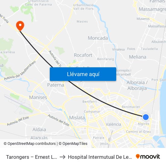 Tarongers – Ernest Lluch to Hospital Intermutual De Levante map