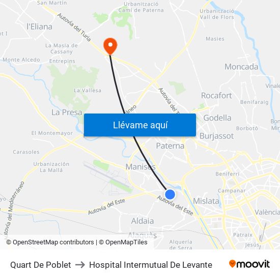 Quart De Poblet to Hospital Intermutual De Levante map