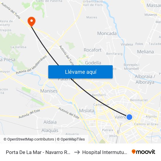 Porta De La Mar - Navarro Reverter (Imparell) to Hospital Intermutual De Levante map