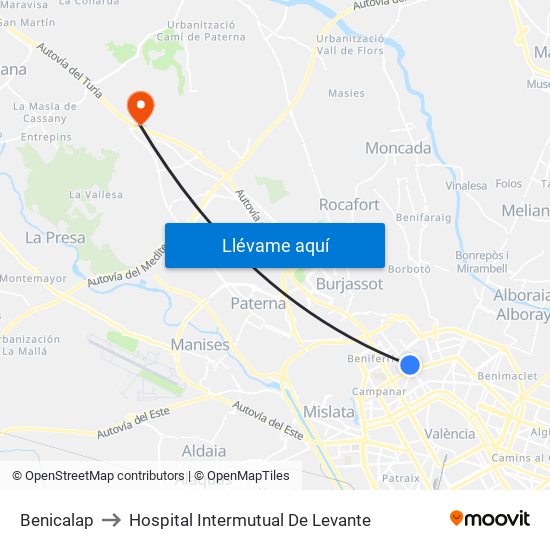 Benicalap to Hospital Intermutual De Levante map