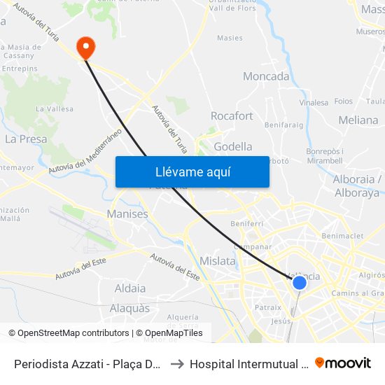 Plaça De L'Ajuntament - Periodista Azzati to Hospital Intermutual De Levante map