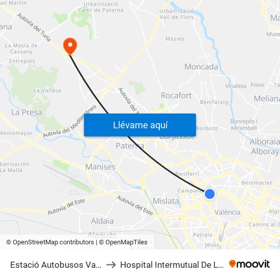 Estació Autobusos València to Hospital Intermutual De Levante map