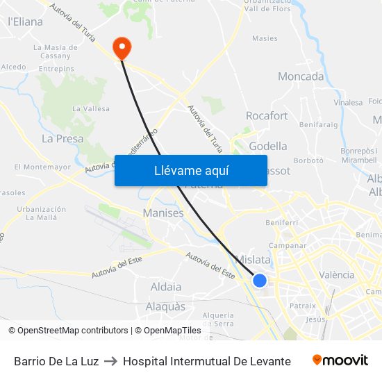 Barrio De La Luz to Hospital Intermutual De Levante map