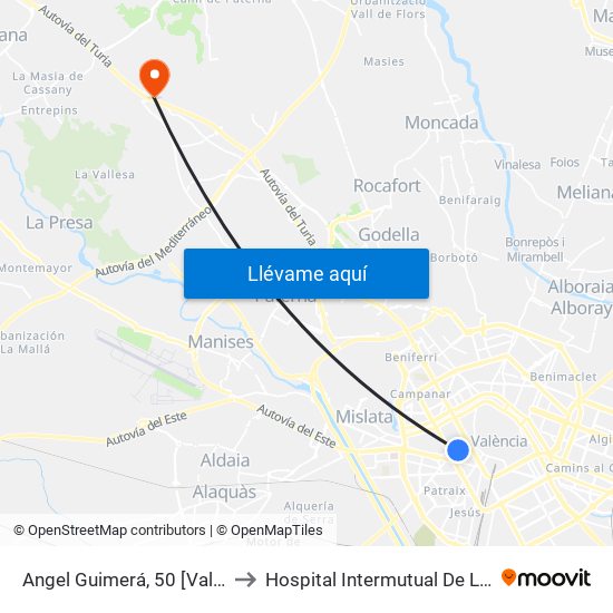 Angel Guimerá, 50 [València] to Hospital Intermutual De Levante map