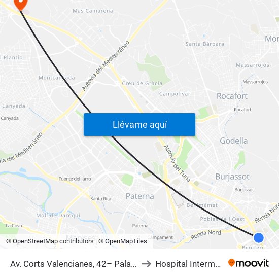 Av. Corts Valencianes, 42– Palau De Congressos [València] to Hospital Intermutual De Levante map