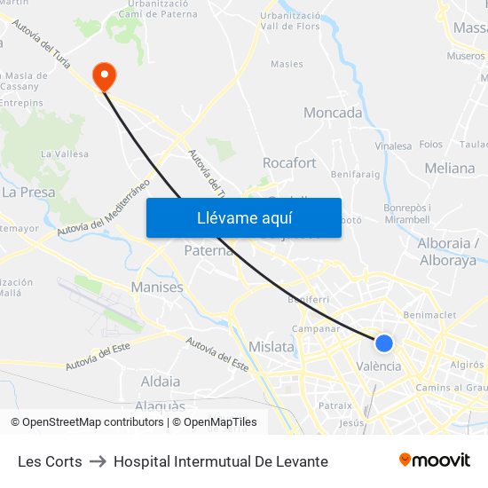 Les Corts to Hospital Intermutual De Levante map