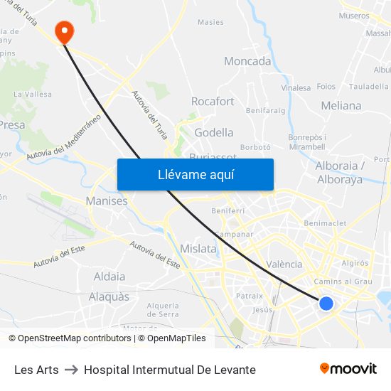 Les Arts to Hospital Intermutual De Levante map