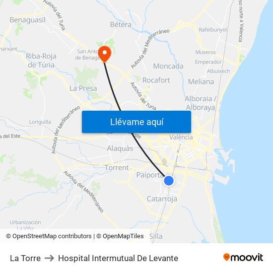 La Torre to Hospital Intermutual De Levante map