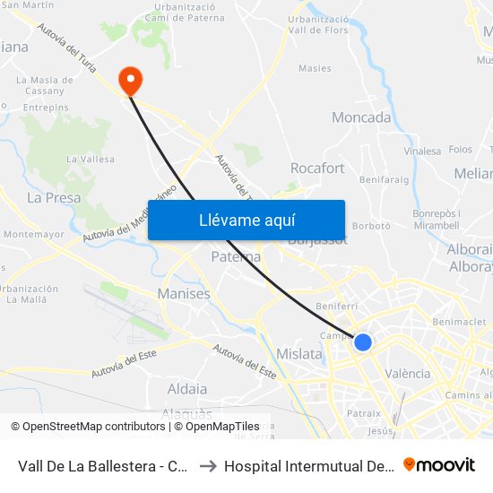 Vall De La Ballestera - Campanar to Hospital Intermutual De Levante map