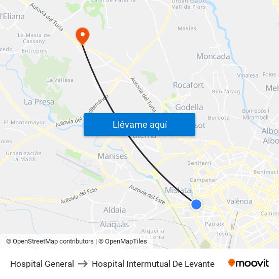 Hospital General to Hospital Intermutual De Levante map