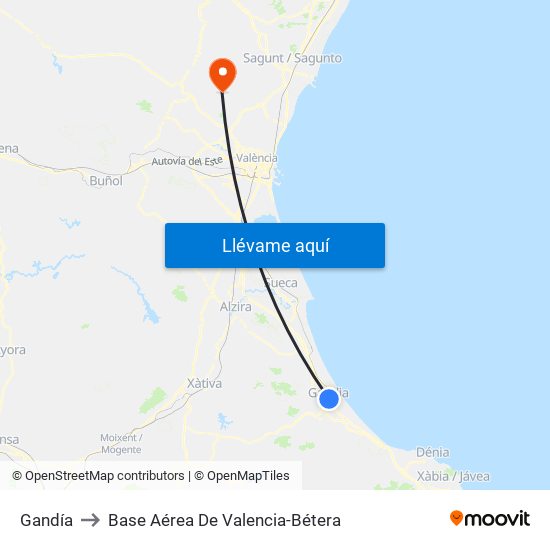 Gandía to Base Aérea De Valencia-Bétera map