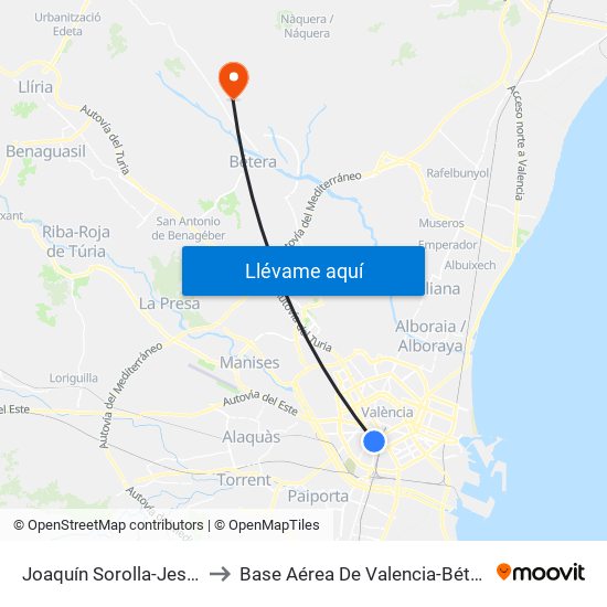 Joaquín Sorolla-Jesús to Base Aérea De Valencia-Bétera map