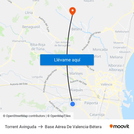 Torrent Avinguda to Base Aérea De Valencia-Bétera map