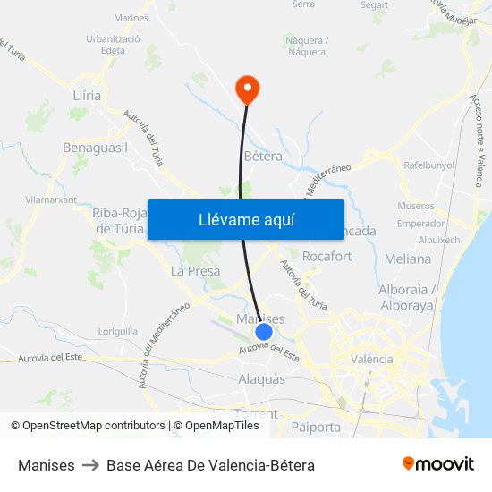 Manises to Base Aérea De Valencia-Bétera map