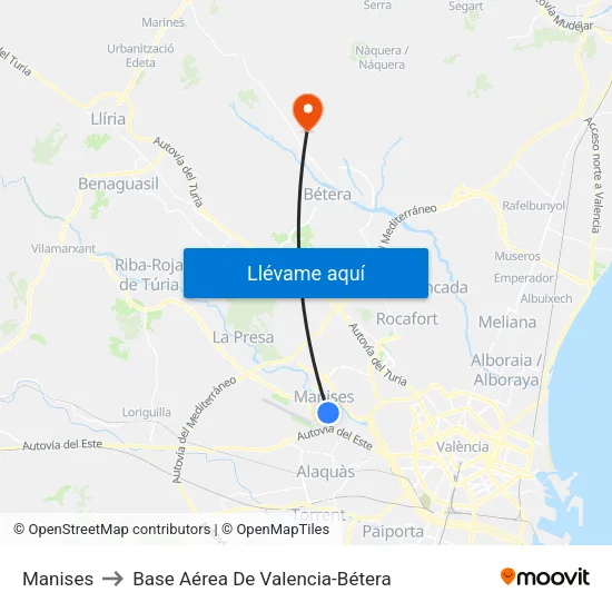 Manises to Base Aérea De Valencia-Bétera map