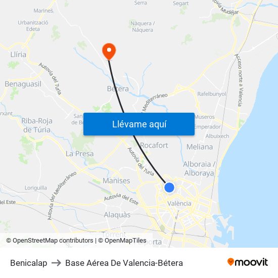 Benicalap to Base Aérea De Valencia-Bétera map