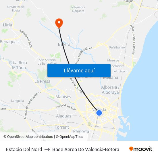 Xàtiva - Estació Del Nord to Base Aérea De Valencia-Bétera map