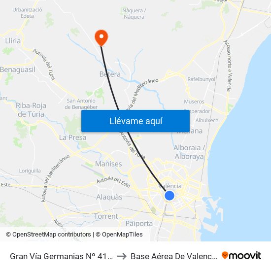 Gran Vía Germanias Nº 41 [València] to Base Aérea De Valencia-Bétera map