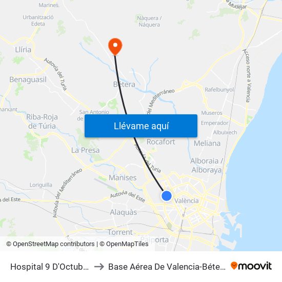 Hospital 9 D'Octubre to Base Aérea De Valencia-Bétera map