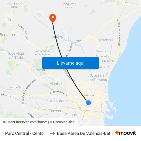 Parc Central to Base Aérea De Valencia-Bétera map