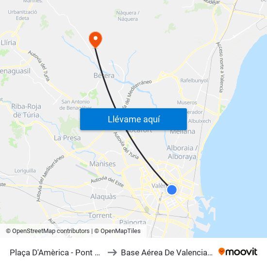 Plaça Amèrica to Base Aérea De Valencia-Bétera map