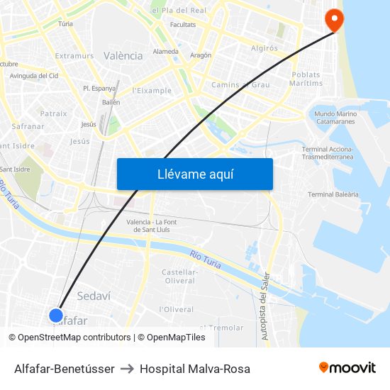 Alfafar-Benetússer to Hospital Malva-Rosa map