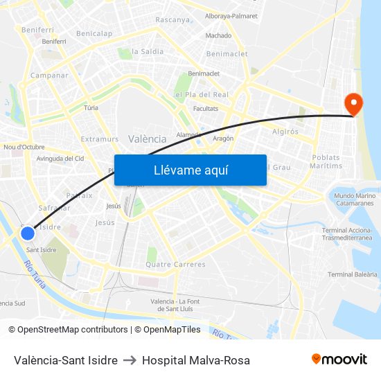 València-Sant Isidre to Hospital Malva-Rosa map