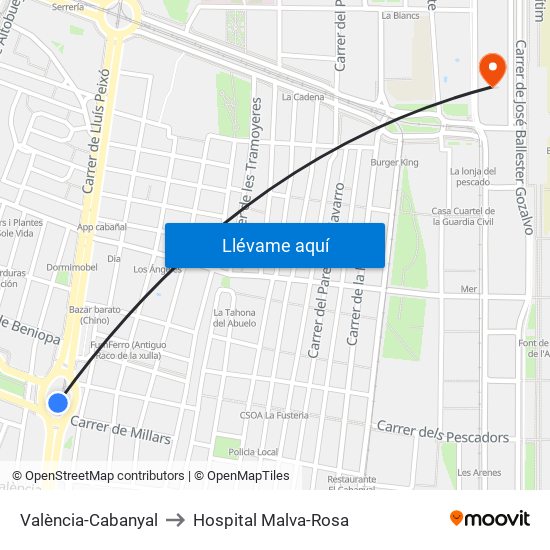 València-Cabanyal to Hospital Malva-Rosa map