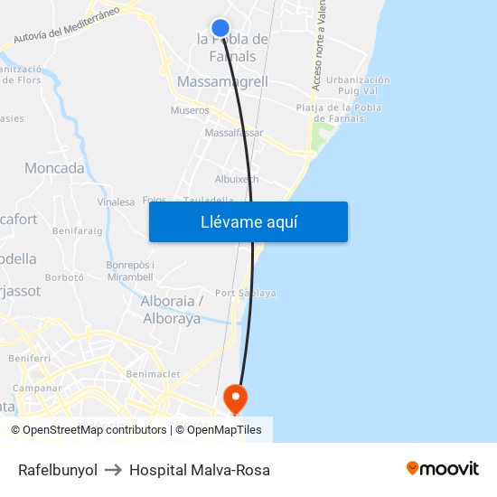 Rafelbunyol to Hospital Malva-Rosa map