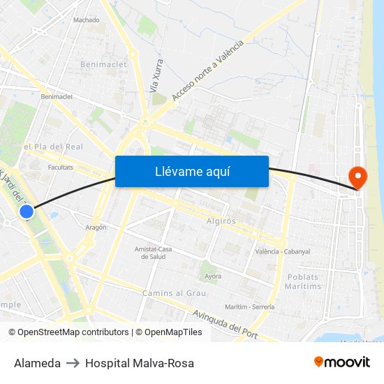 Alameda to Hospital Malva-Rosa map