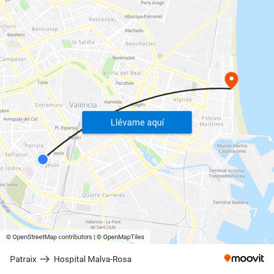 Patraix to Hospital Malva-Rosa map