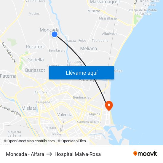 Moncada - Alfara to Hospital Malva-Rosa map