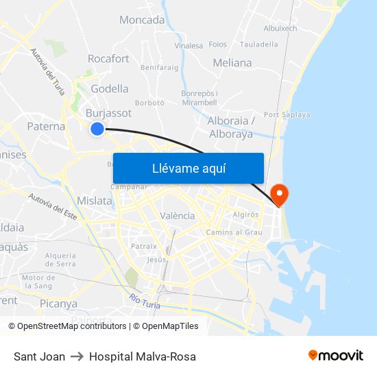 Sant Joan to Hospital Malva-Rosa map