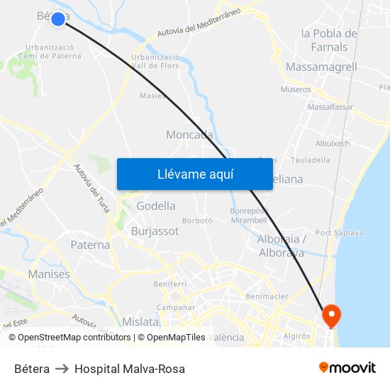 Bétera to Hospital Malva-Rosa map