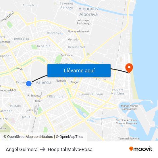 Àngel Guimerà to Hospital Malva-Rosa map