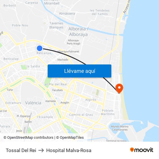 Tossal Del Rei to Hospital Malva-Rosa map