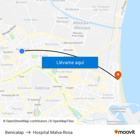 Benicalap to Hospital Malva-Rosa map